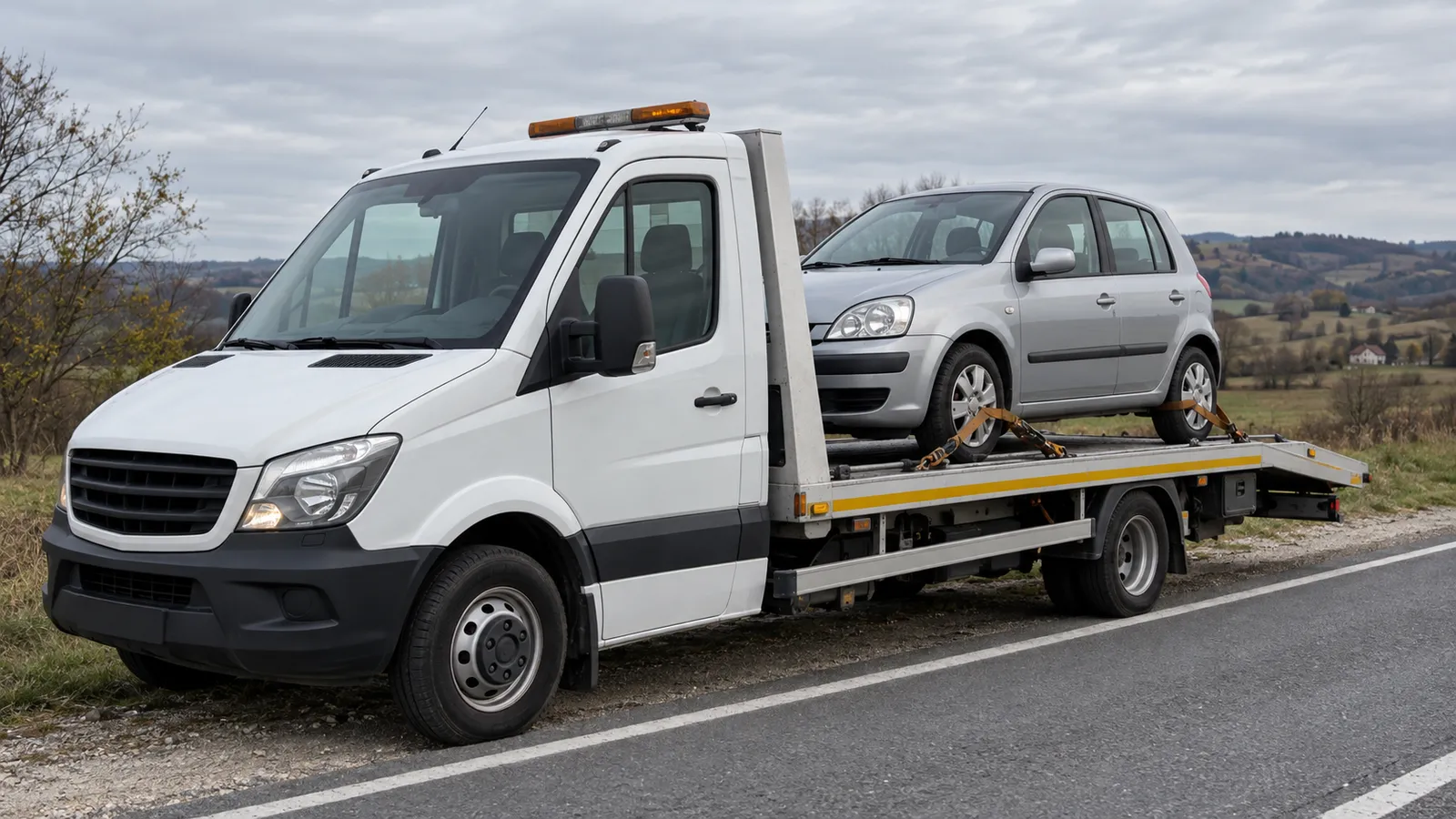 Autoplatformă de tractare auto cu cabină albă, parcată pe marginea unui drum județean